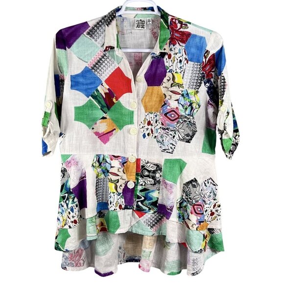 Parsley & Sage XL Bohemian Patchwork Ruffle Hi Lo Blouse Roll Tab Sleeve Artsy - Picture 7 of 16